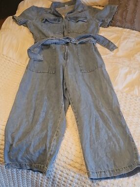 H &m Light Wash Denim Jumpsuit with Belt Size Lg